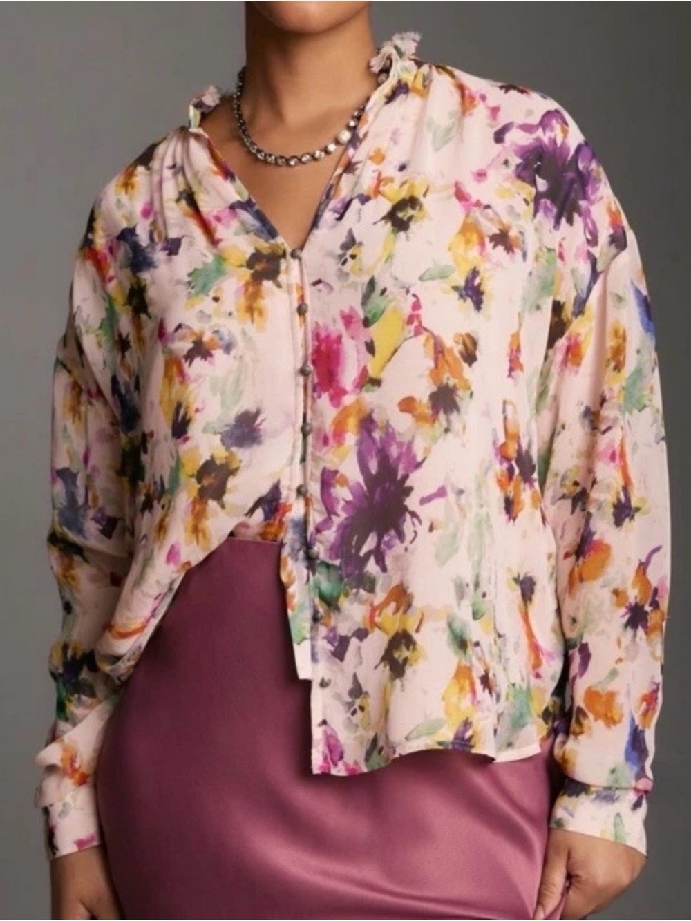 Pilero Anthropologie Tavi Pink Floral Watercolor Button-Down Blouse